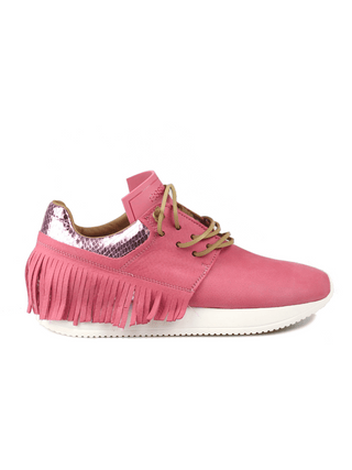 pink suede fringe sneakers