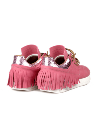 pink suede fringe sneakers