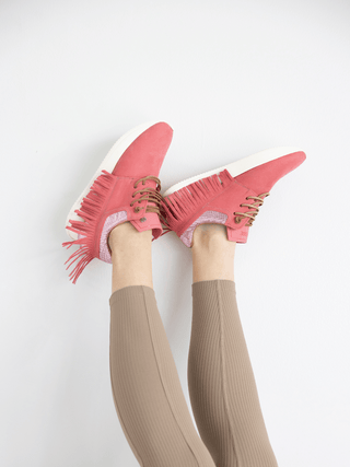 pink suede fringe sneakers
