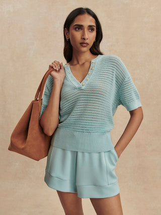 Varley Callie Knit Top - Porcelain Blue